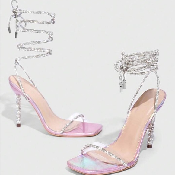 Wrap Around Sz 7.5 Soft Crystal Embossed Wraparound Pink Purple Metallic Heels - Picture 12 of 16